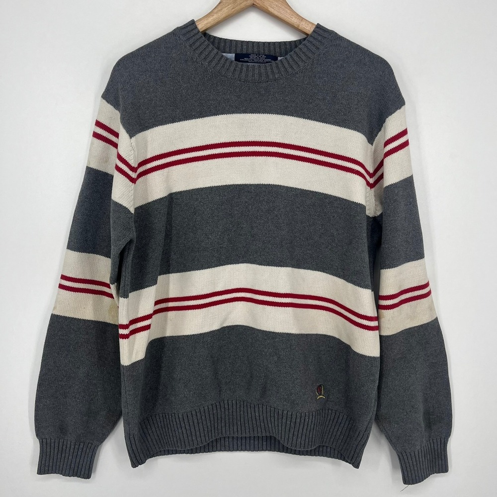Tommy Hilfiger Mens Large Grey White Red Striped Cotton Crewneck Sweater Vintage